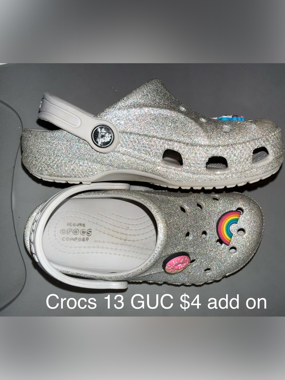 CROCS Kids Glitter Silver Clogs with Rainbow & Donut Charms